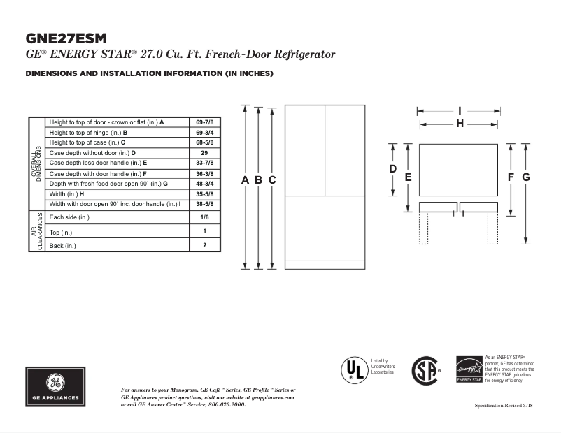 Page 1 of the manual Technical Sheet GE GNE27JSMSS