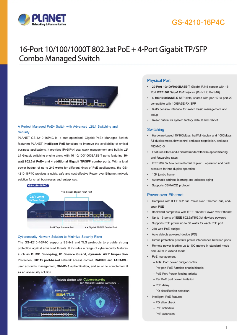 Page 1 de la notice Fiche technique Planet GS-4210-16P4C