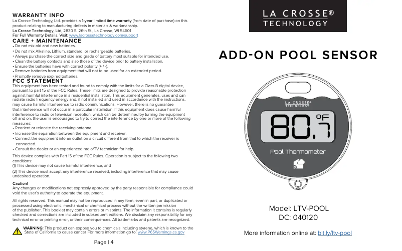 Image de la première page du manuel de l'appareil LTV-POOLV2