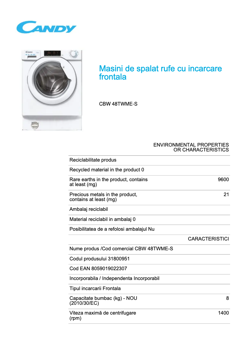 Page 1 de la notice Fiche technique Candy CBW 48TWME-S