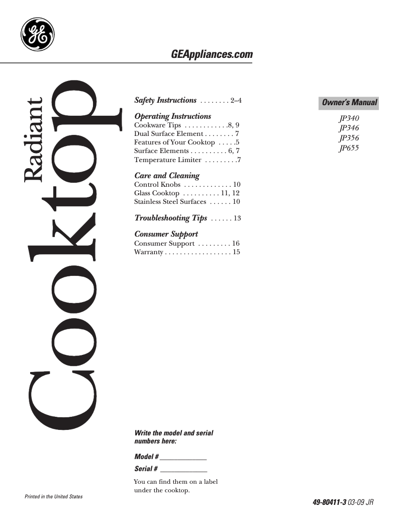 Page 1 of the manual Use and Maintenance Manual GE JP340BJBB