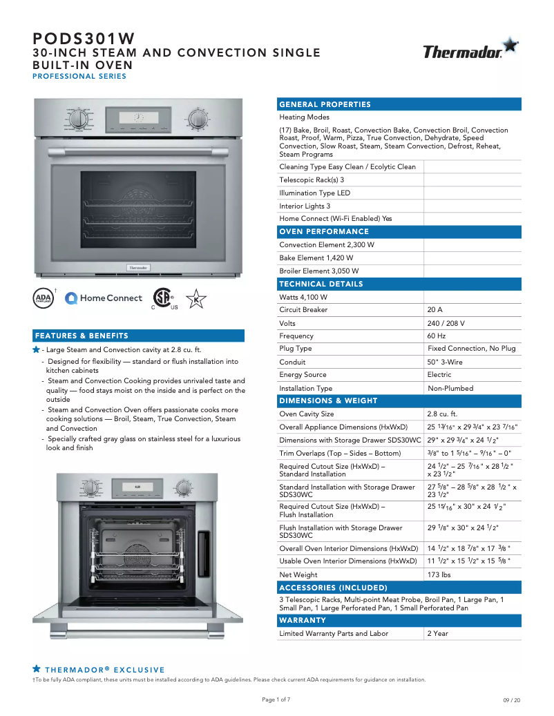 Página 1 del manual Ficha técnica Thermador PODS301W