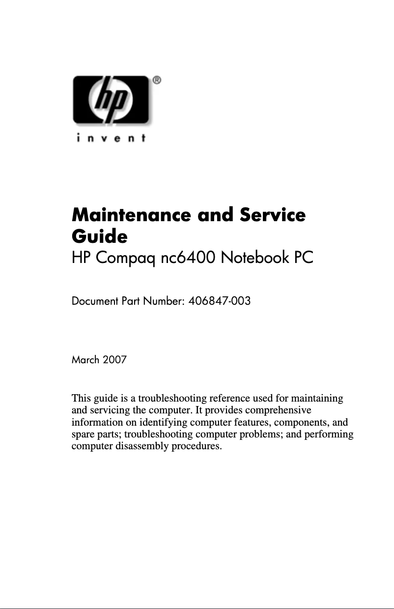 Image de la première page du manuel de l'appareil Compaq nc6400