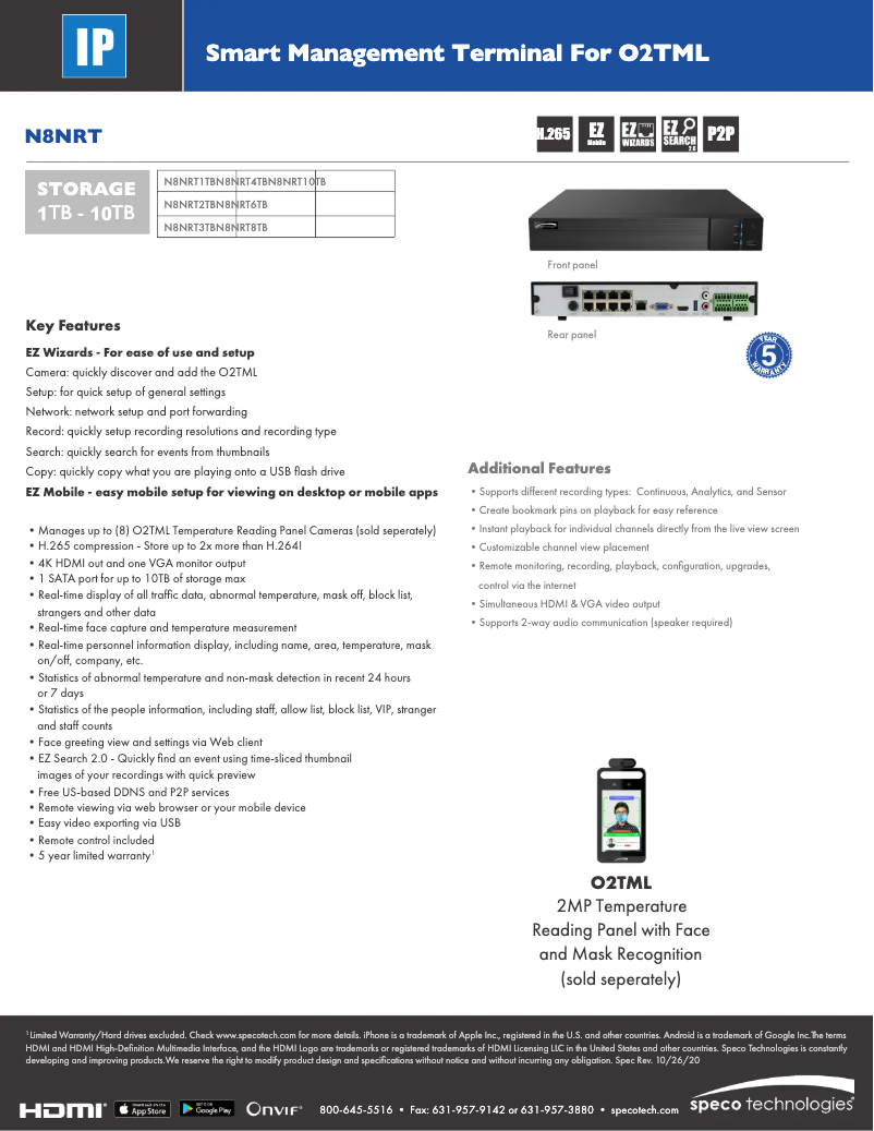 Page 1 de la notice Fiche technique Speco Technologies N8NRT