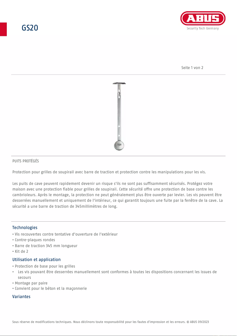 Página 1 del manual Ficha técnica Abus GS20