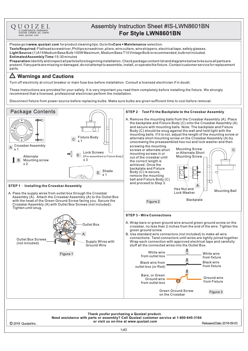 Page 1 de la notice Manuel utilisateur Quoizel Lewiston LWN8601BN