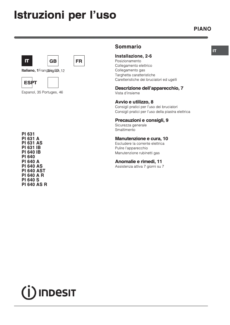 Page 1 de la notice Manuel utilisateur Indesit PI 640 AS (AN) R