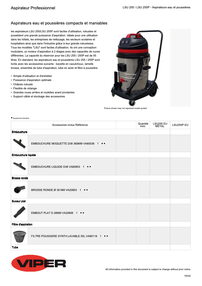 Página 1 del manual Ficha técnica Nilfisk Viper LSU255