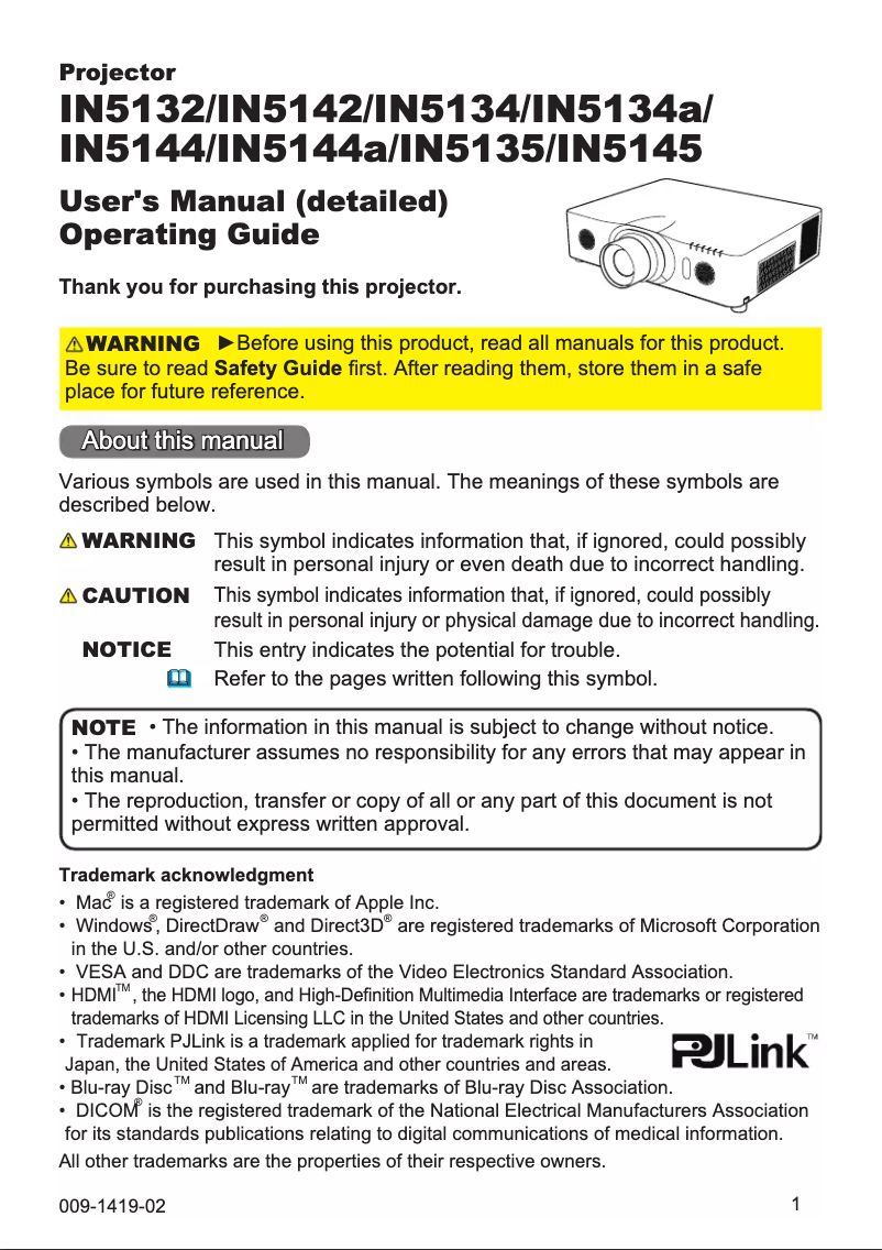 Page 1 de la notice Manuel utilisateur InFocus IN5144a