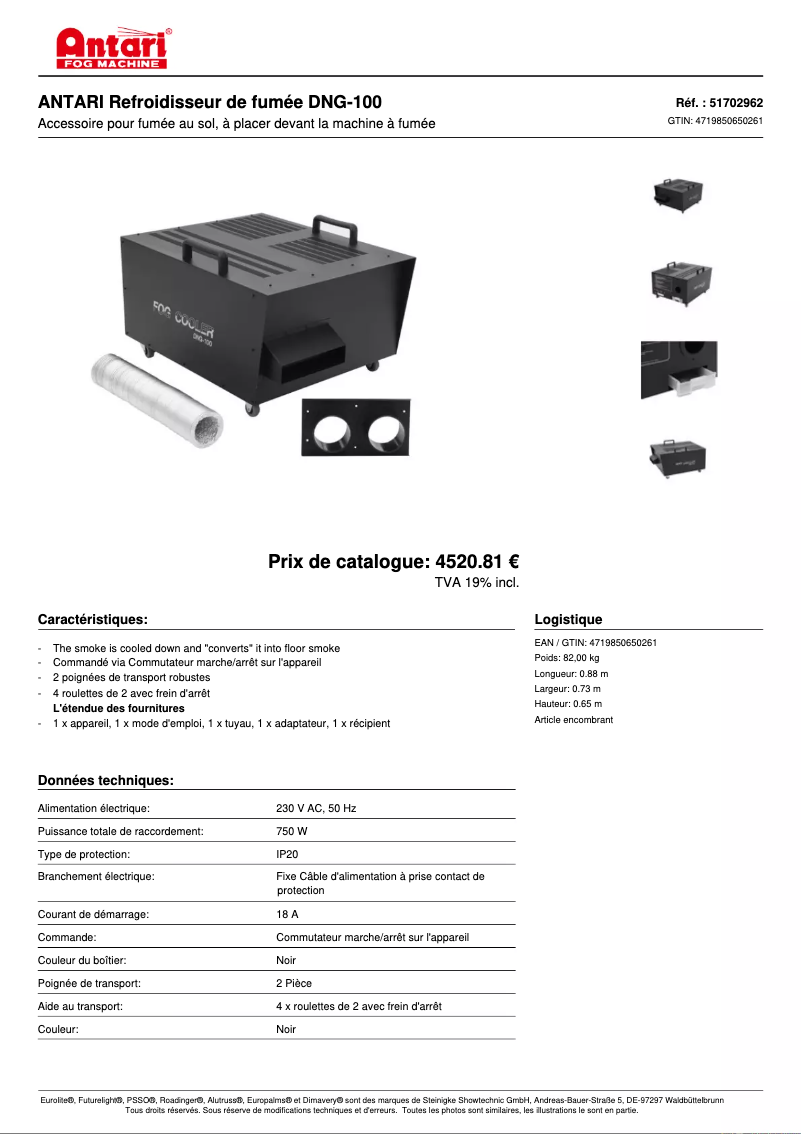 Page 1 de la notice Fiche technique Antari DNG-100