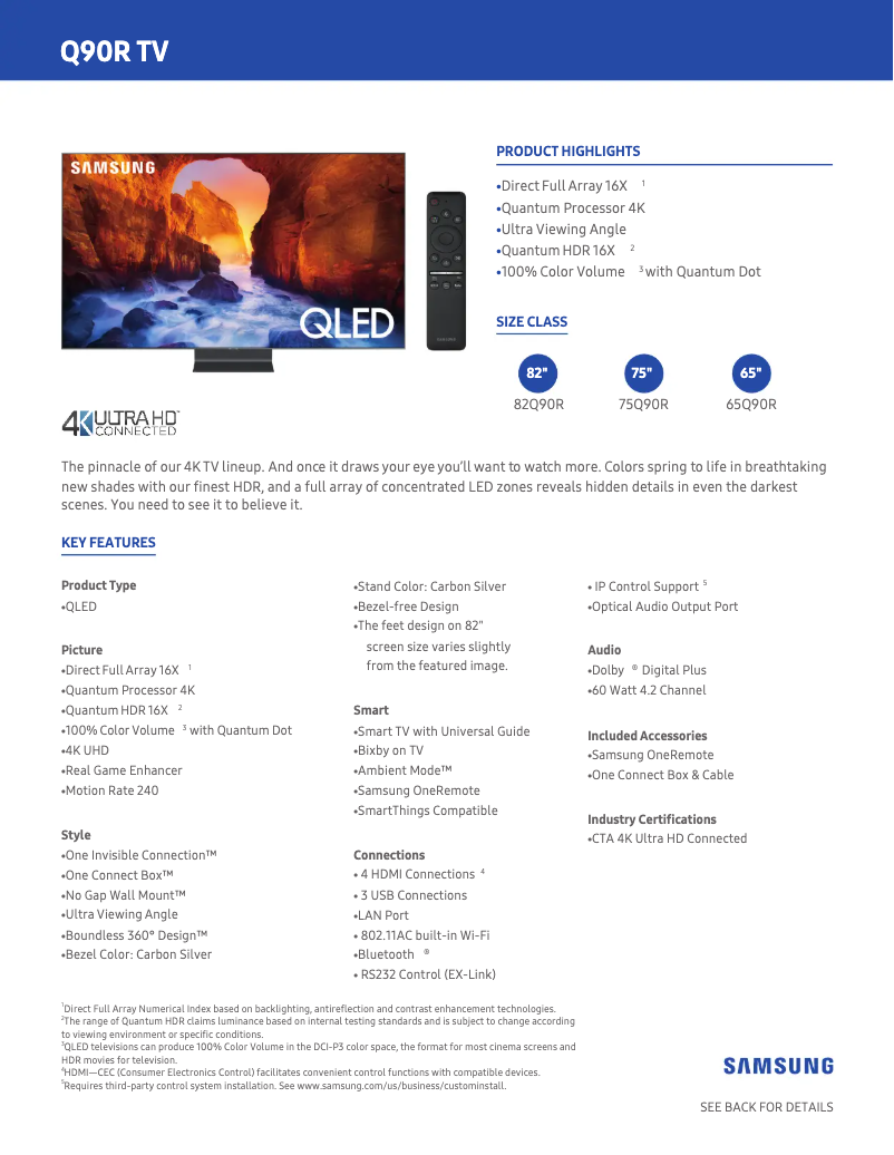 Page 1 de la notice Fiche technique Samsung QN75Q90RAFXZA