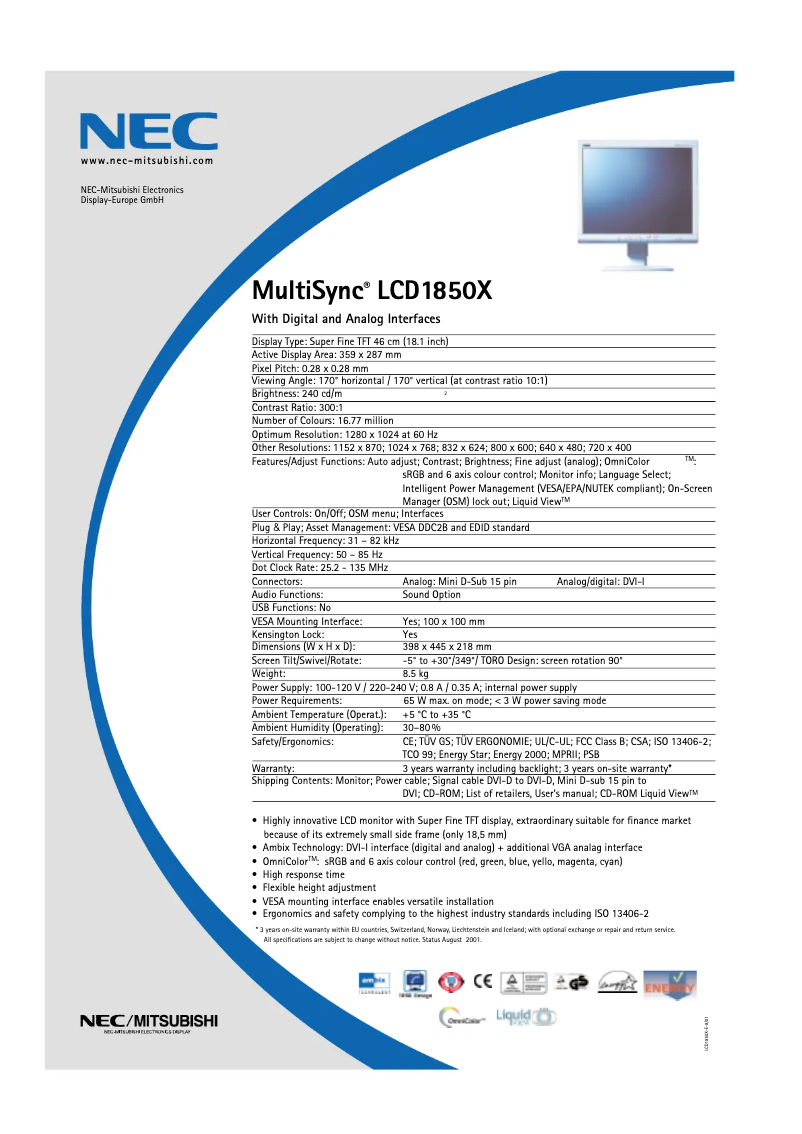 Página 1 del manual Ficha técnica NEC MultiSync LCD1850X