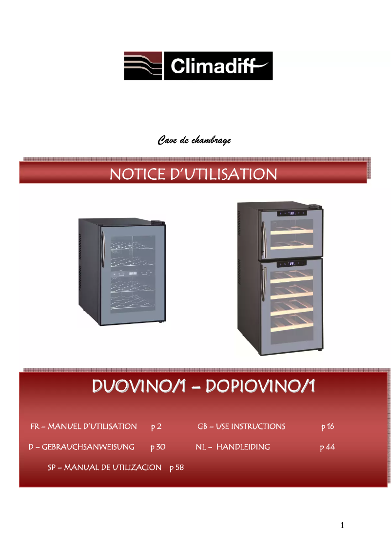 Page 1 de la notice Manuel utilisateur Climadiff Duovino/1
