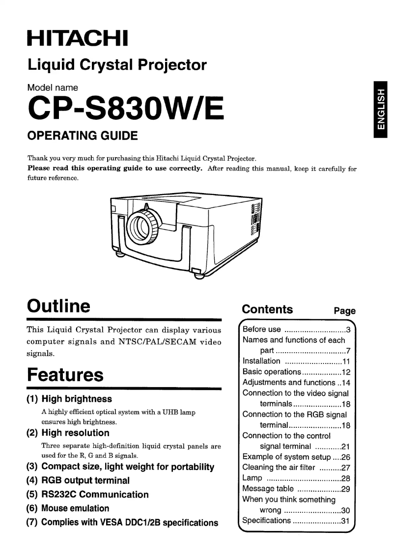 Page n°1 - Manuel utilisateur Hitachi CP-S830W
