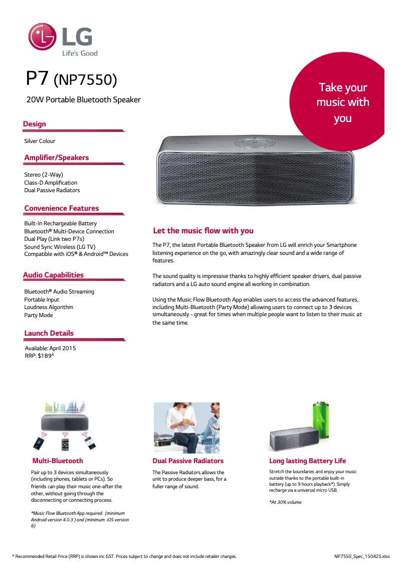 Page 1 de la notice Fiche technique LG NP7550