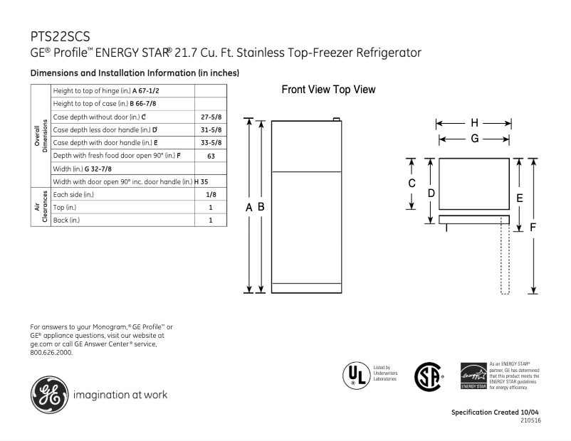 Page n°1 - Fiche technique GE PTS22SCSSS