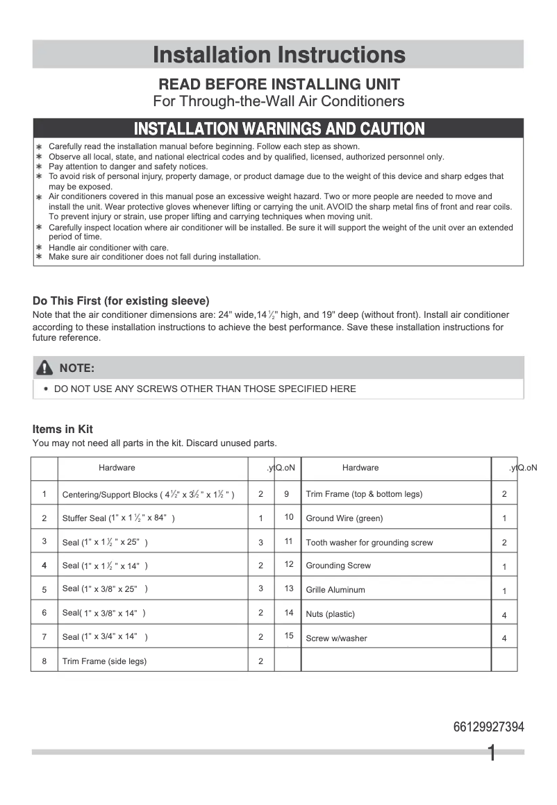 Page n°1 - Guide d'installation Frigidaire FFTA0833U1