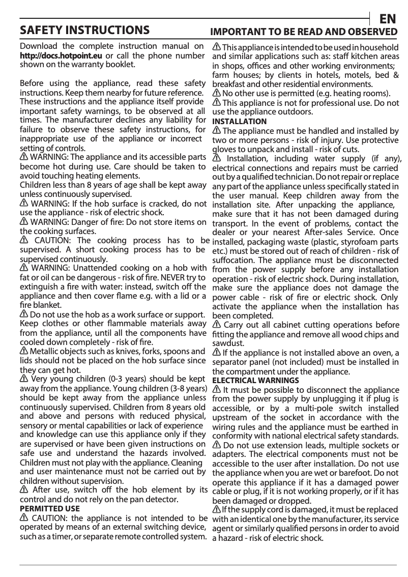 Page 1 de la notice Manuel utilisateur Hotpoint TS 9960C BF