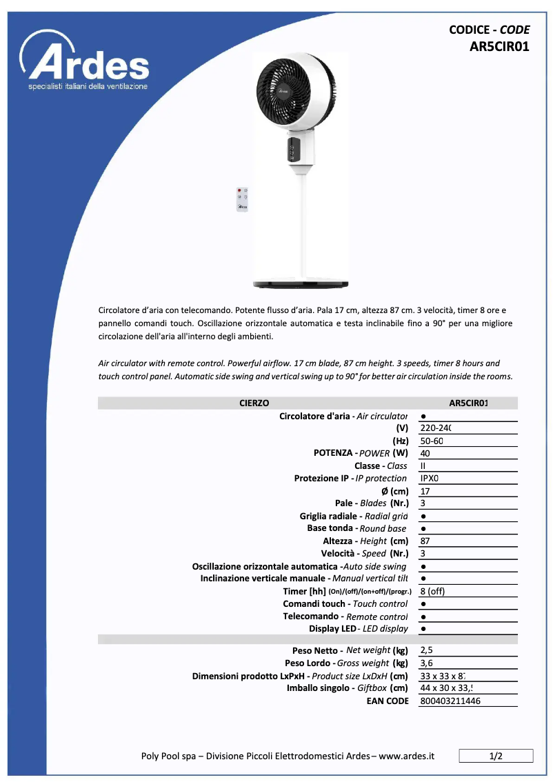 Image de la première page du manuel de l'appareil ARCIR01