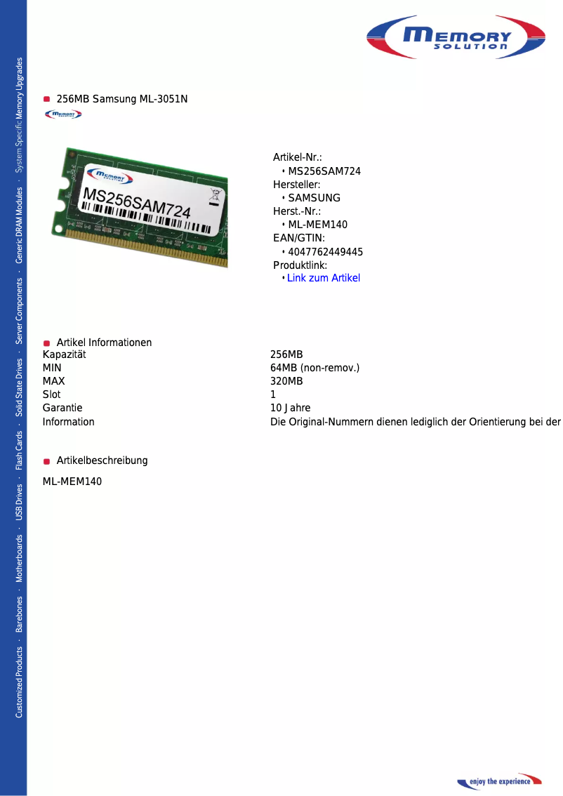 Page n°1 - Manuel utilisateur Memory Solution MS256SAM724