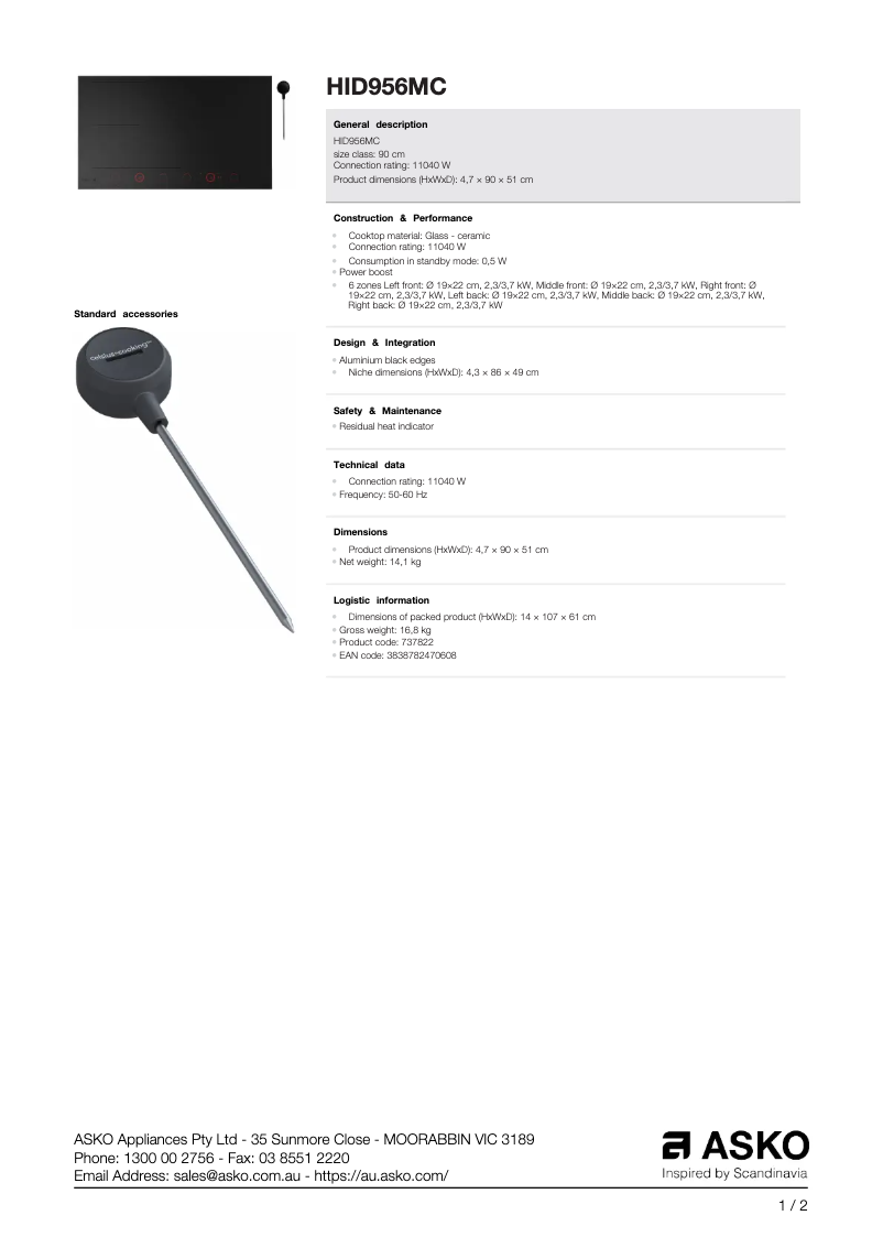 Page n°1 - Fiche technique Asko HID956MC
