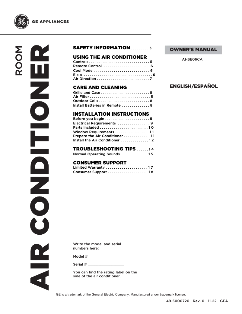 Page n°1 - Manuel utilisateur GE AHSE06CA