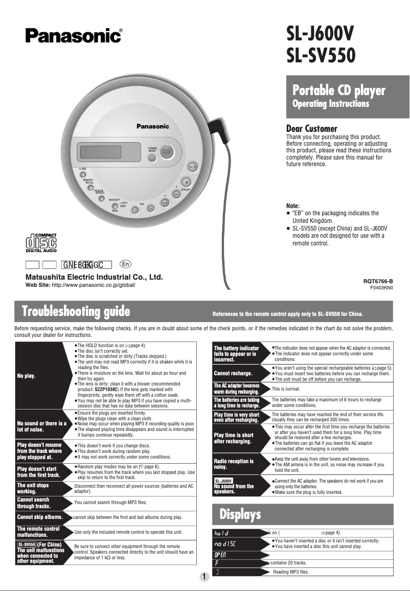 Image de la première page du manuel de l'appareil SL-J600V