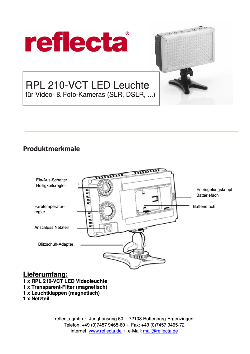 Page 1 de la notice Manuel utilisateur Reflecta RPL 210-VCT