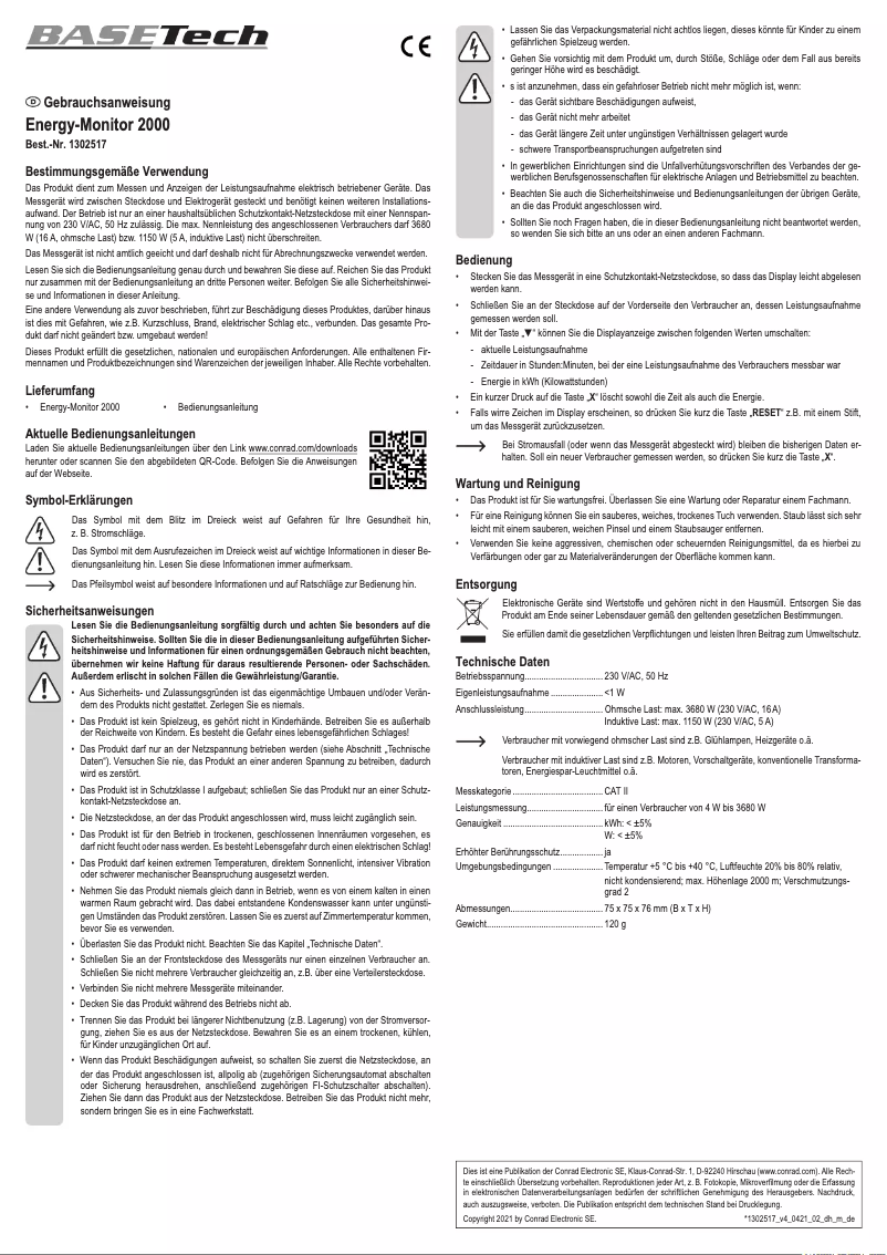Page 1 de la notice Manuel utilisateur BaseTech Energy-Monitor 2000