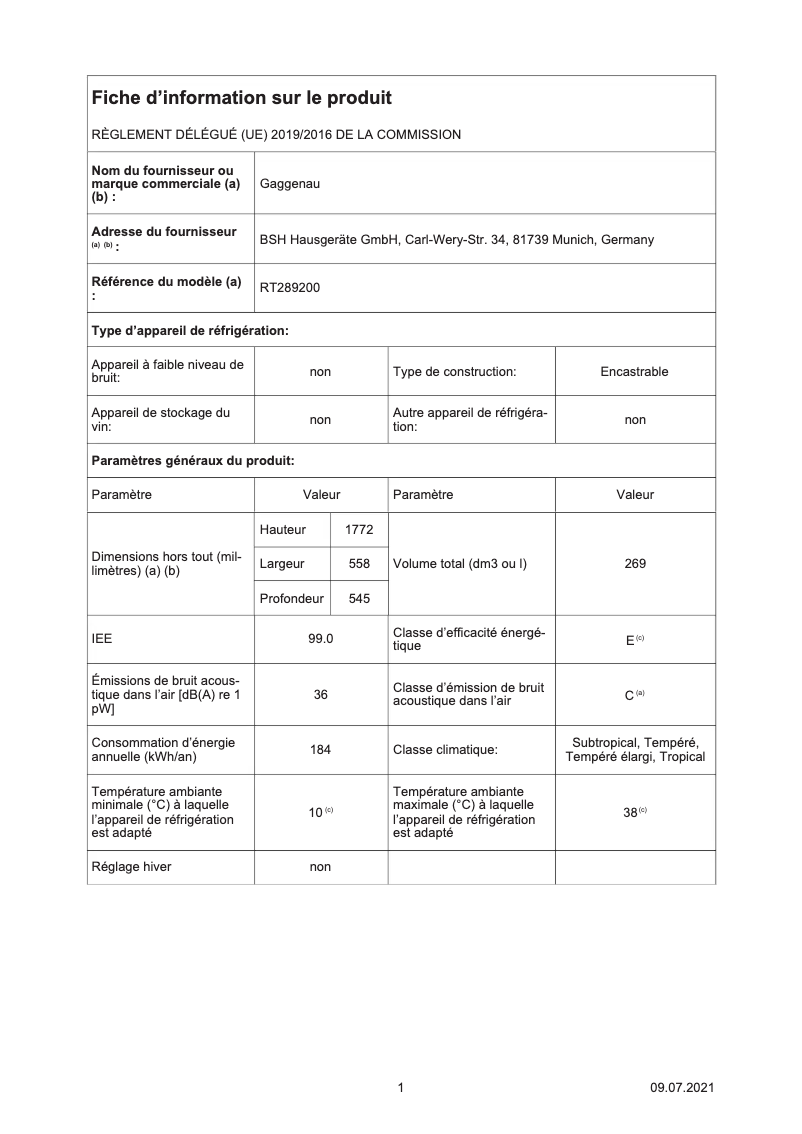 Page 1 de la notice Fiche technique Gaggenau RT289200