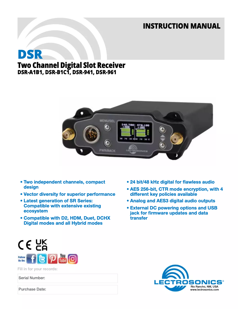 Page n°1 - Manuel utilisateur Lectrosonics DSR