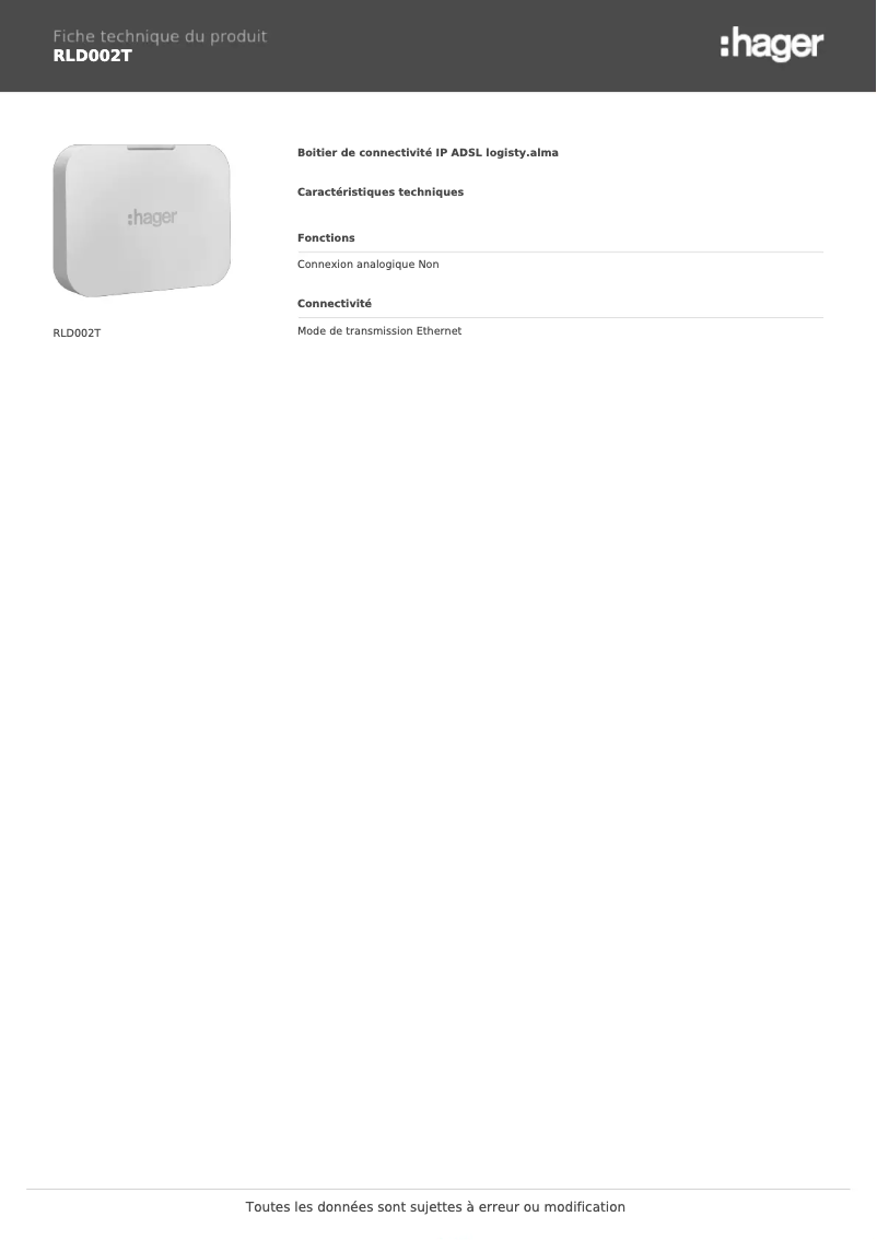 Page n°1 - Fiche technique Hager RLD002T