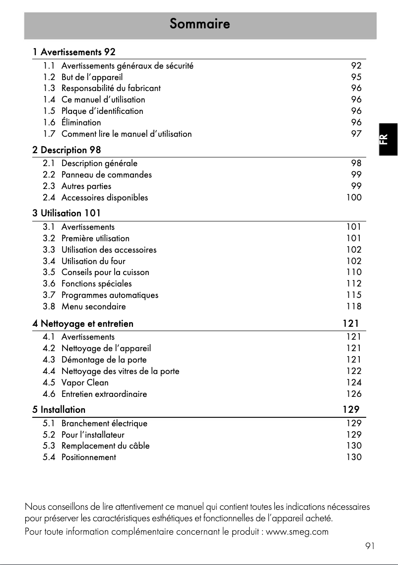 Page 1 de la notice Manuel utilisateur Smeg SFR9390X