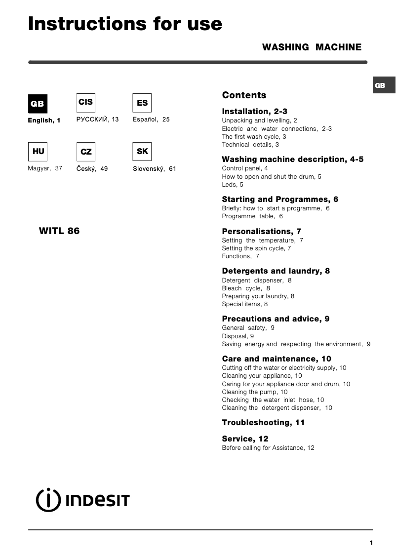 Image de la première page du manuel de l'appareil WITL 86