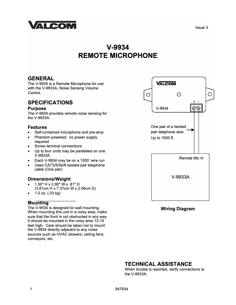Page n°1 - Manuel utilisateur Valcom V-9934