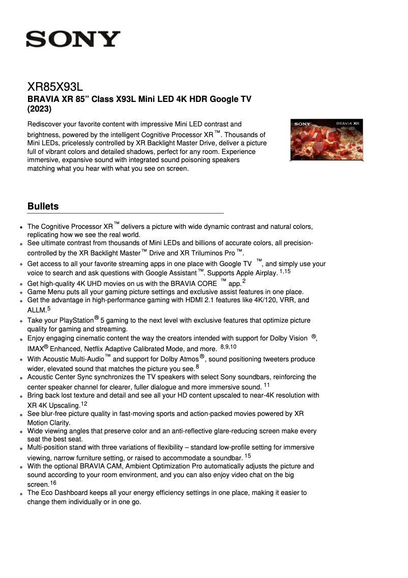 Página 1 del manual Ficha técnica Sony XR-85X93L