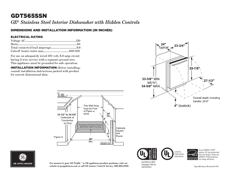 Page 1 de la notice Fiche technique GE GDT565SSNSS