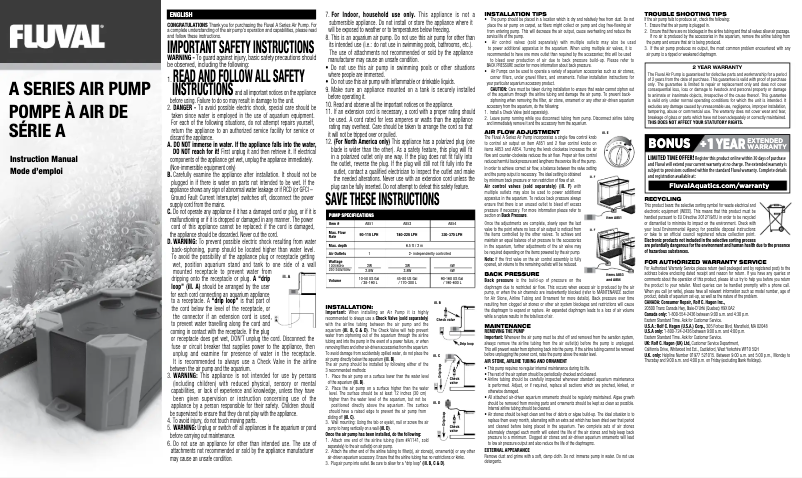 Page 1 de la notice Manuel utilisateur Fluval A101