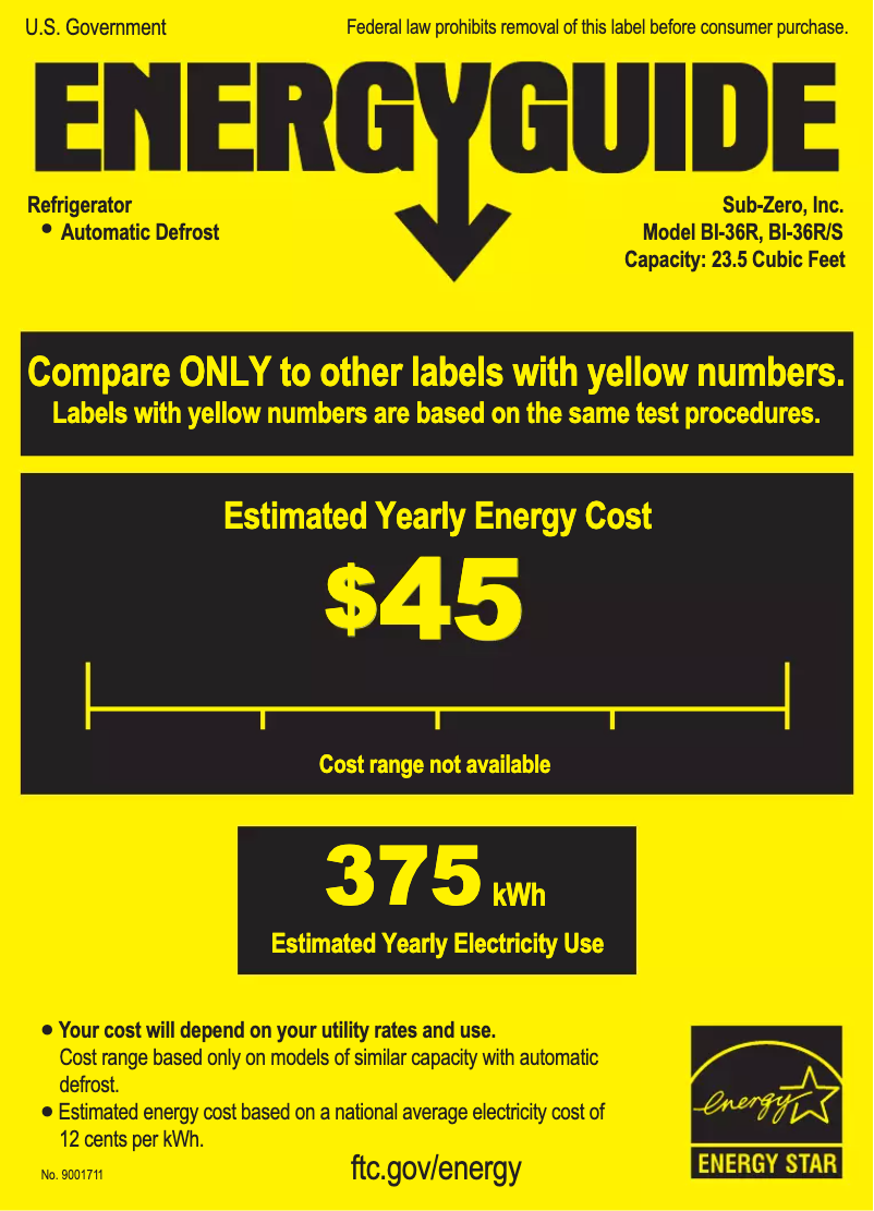 Page 1 de la notice Label énergétique Sub-Zero BI-36R/O-LH