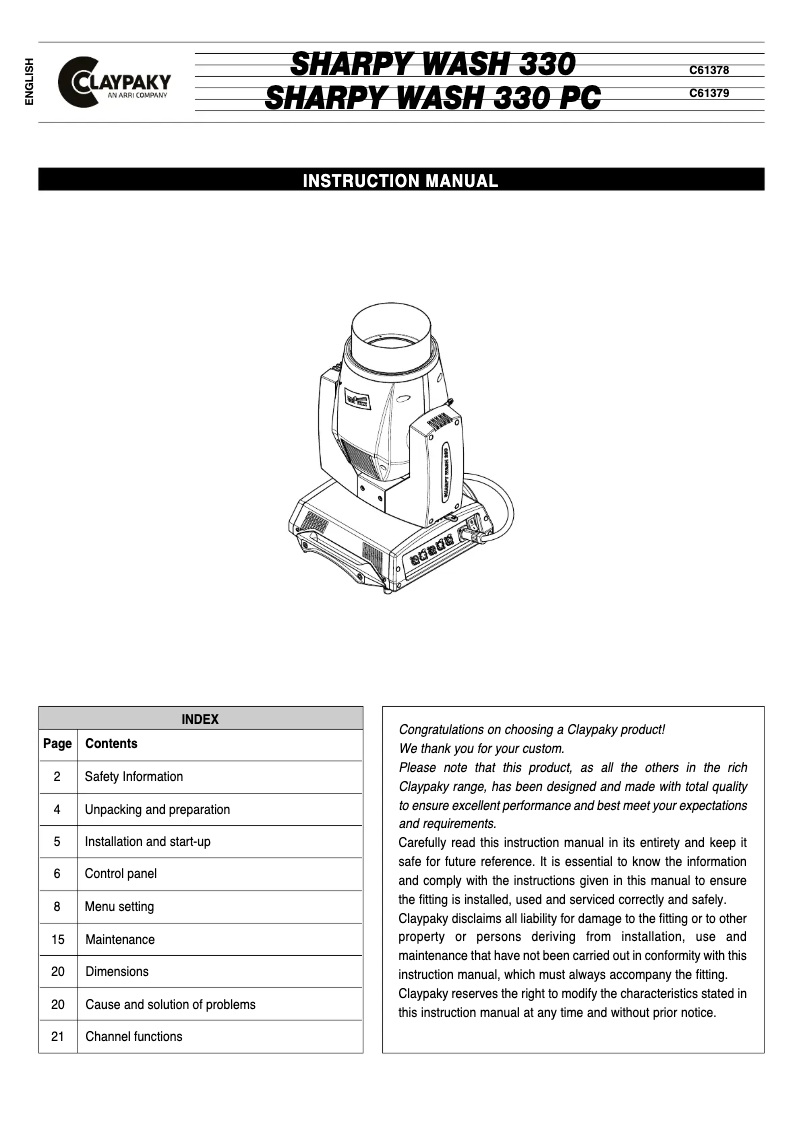 Page n°1 - Manuel utilisateur Claypaky Sharpy Wash 330