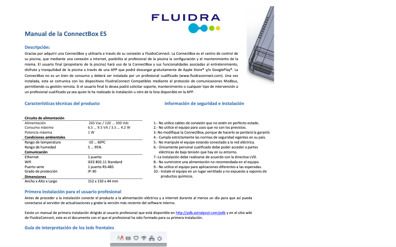 Image de la première page du manuel de l'appareil Fluidra Connect Box