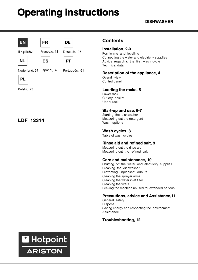 Page 1 de la notice Manuel utilisateur Hotpoint Ariston LDF 12314 x