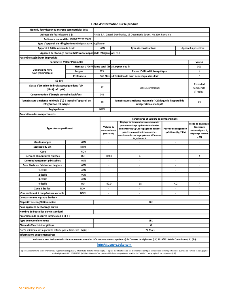 Page 1 de la notice Fiche technique Beko KG100