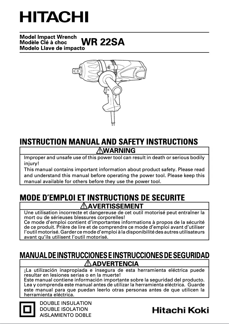 Page 1 de la notice Manuel utilisateur Hitachi WR 22SA