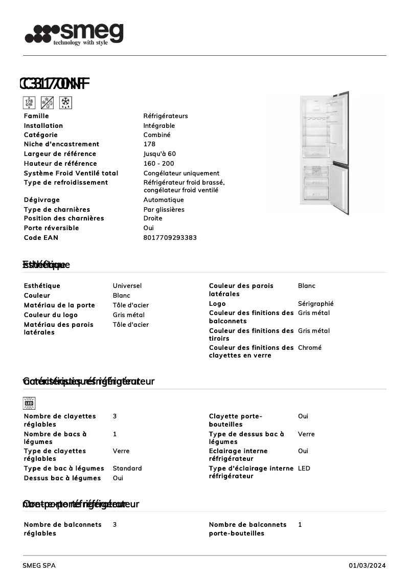 Page n°1 - Fiche technique Smeg C3170NF