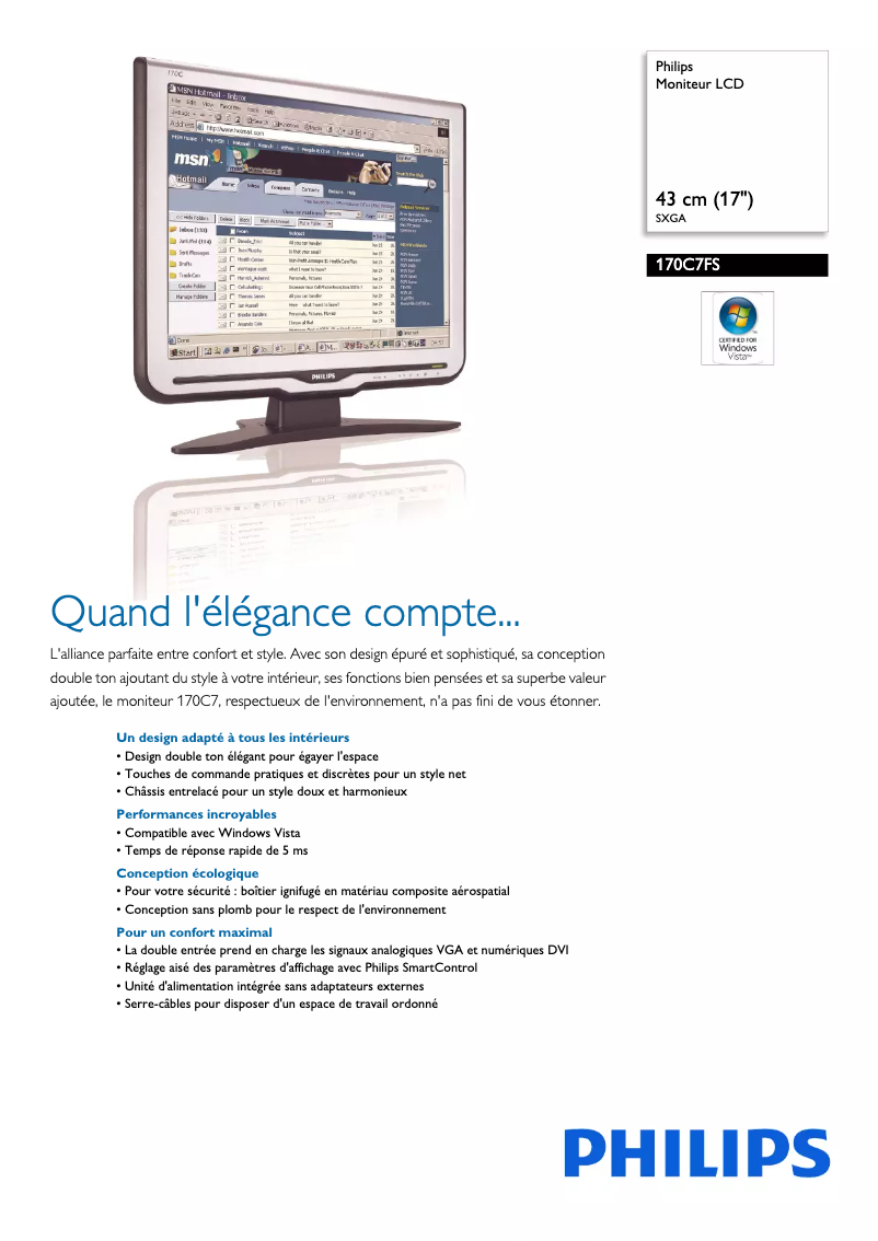Page 1 de la notice Fiche technique Philips 170C7FS