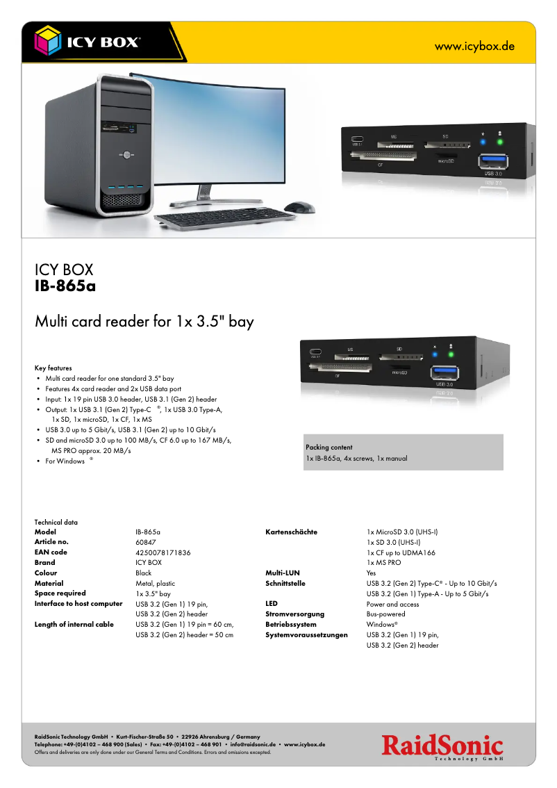 Página 1 del manual Ficha técnica Icy Box IB-865a