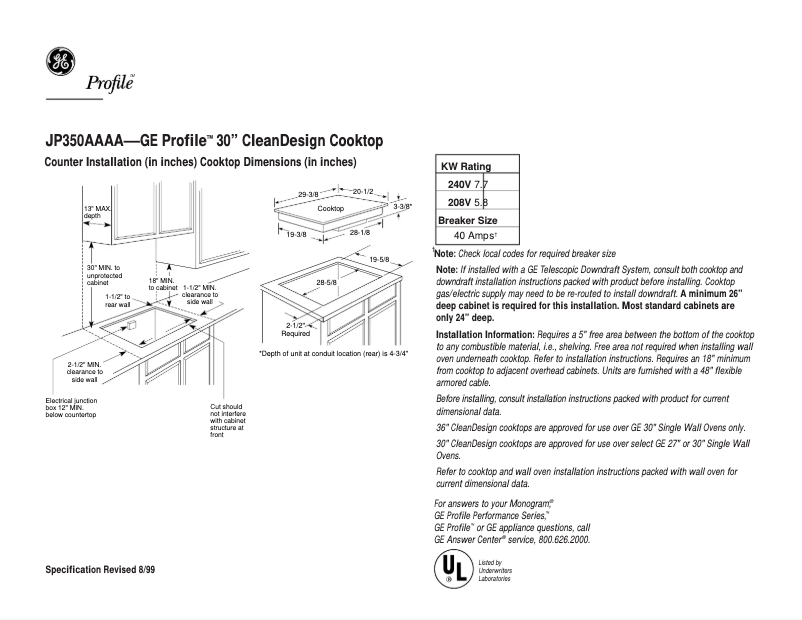 Página 1 del manual Ficha técnica GE Profile JP350AAAA