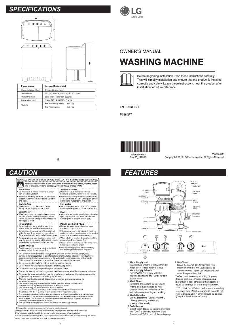 Image de la première page du manuel de l'appareil P1961PT