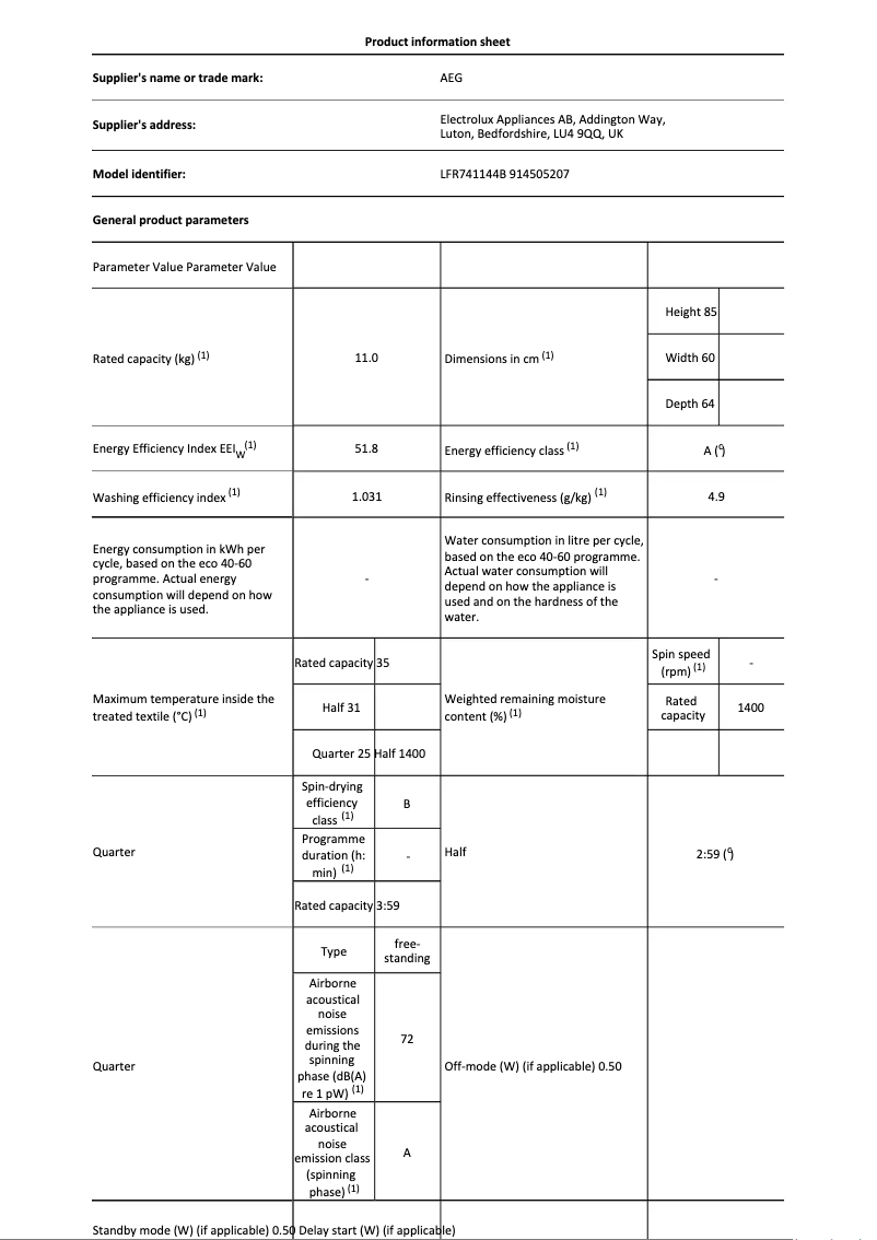 Page 1 de la notice Fiche technique AEG LFR741144B